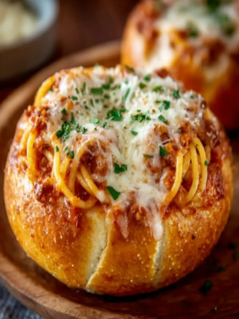 Stuffed Bread Bowl Spaghetti Bake First Image